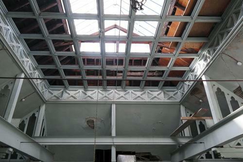 This view of the skylight in the Old Athenaeum in Pittsfield’s Park Square has been hidden for years. The 1872 building, which is listed in state and national registers of historic places. is currently undergoing a restoration and upgrade that is expected to be completed later this year. (Photos by Ben Garver / Berkshire Eagle Staff